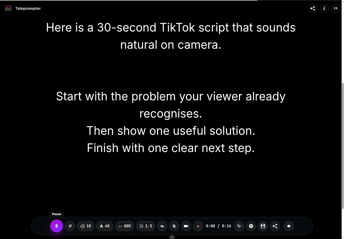 Teleprompter in reading mode with a short TikTok script and playback controls