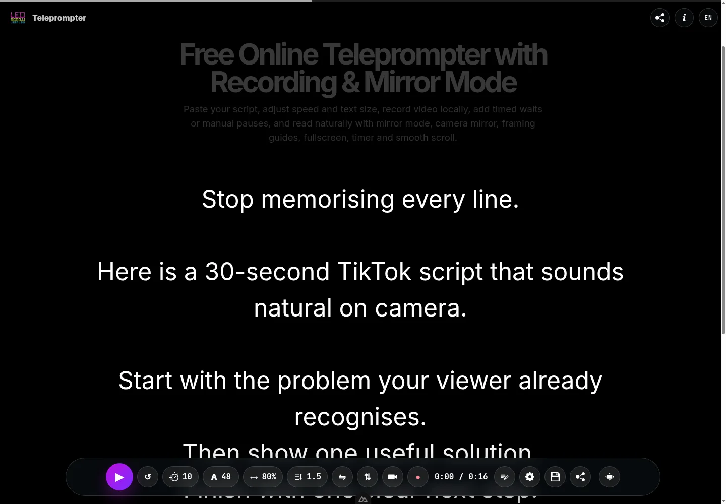 Free online teleprompter editor displaying a short TikTok script