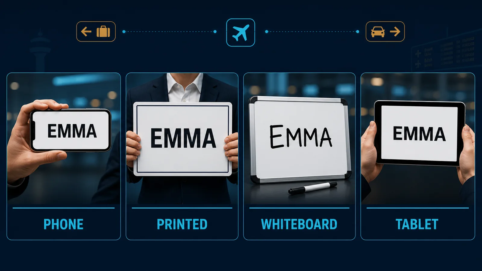 Visual comparison of a phone, printed board, whiteboard, and tablet used as airport pickup signs