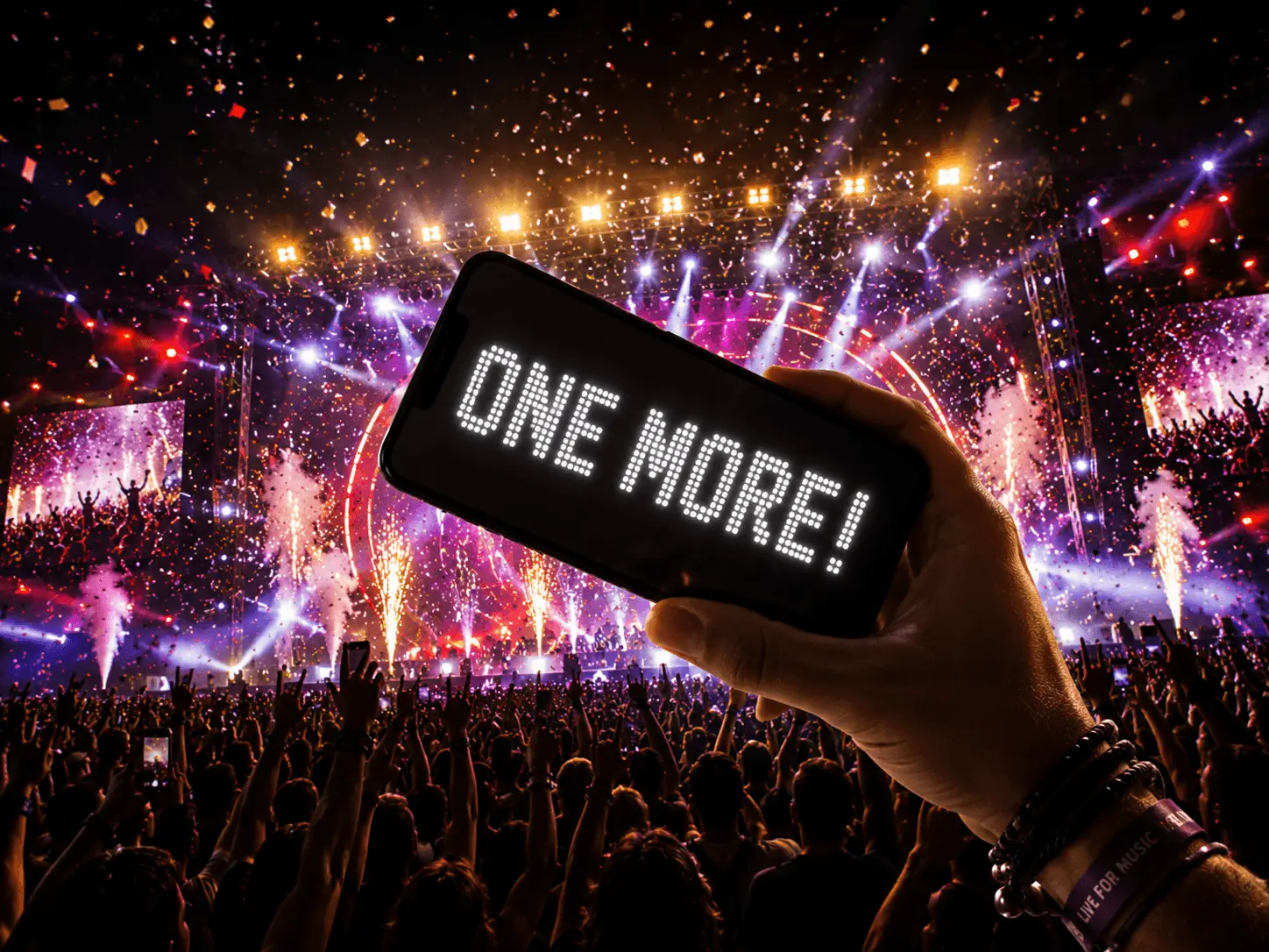 Phone displaying a bright concert sign message in fullscreen mode