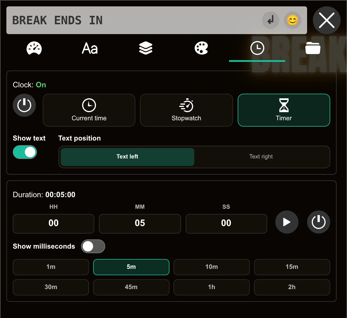 LED Scroll Display editor with Timer selected, a five-minute duration, and the BREAK ENDS IN message
