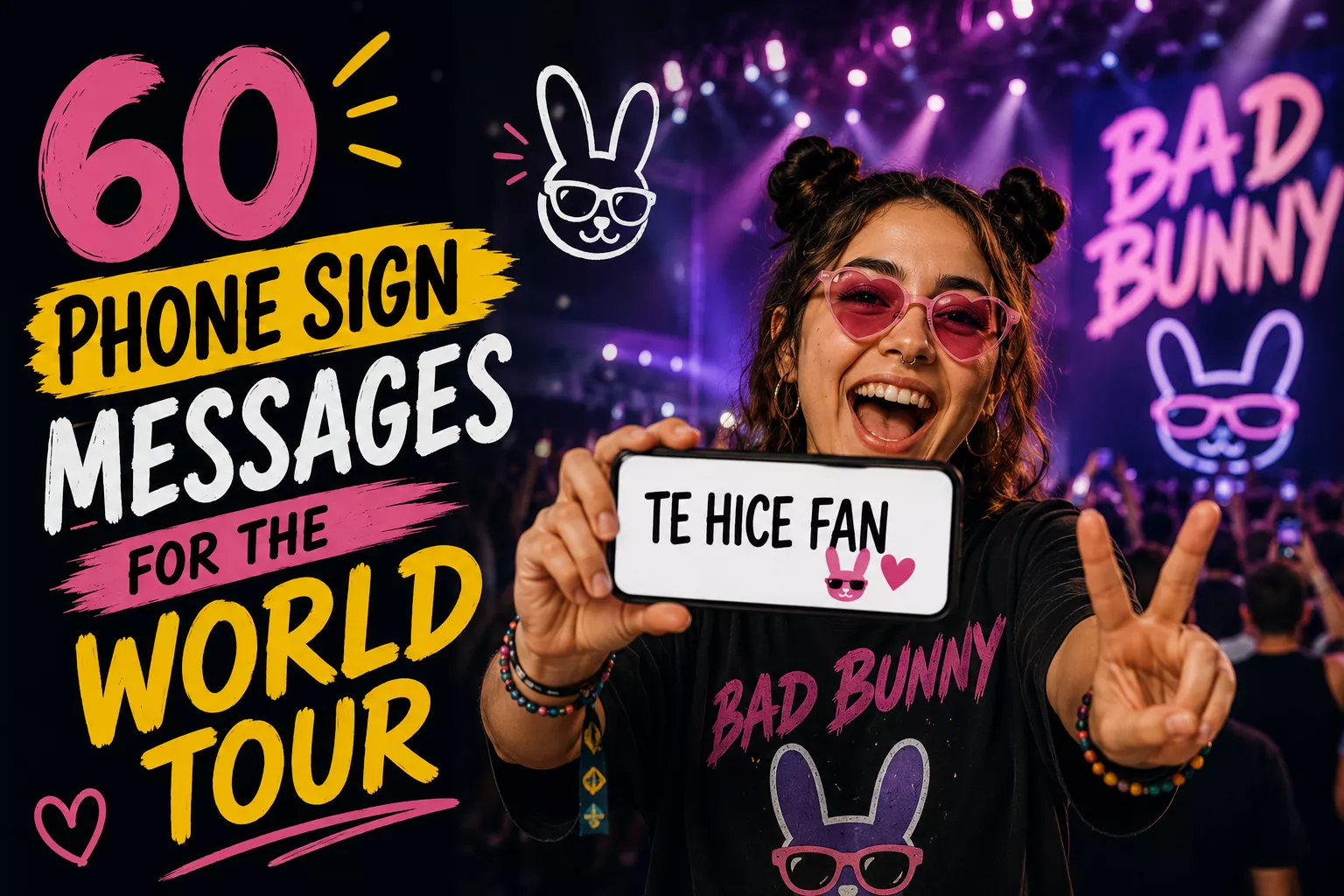 Phone showing a bright Bad Bunny concert sign message on a scrolling LED-style display