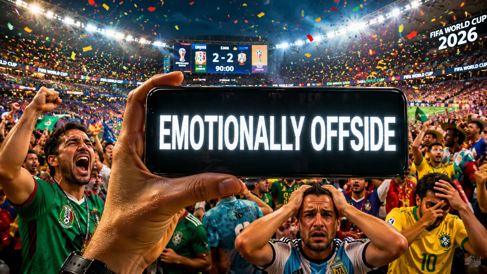 Phone showing a funny World Cup 2026 fan message on a bright scrolling LED-style display