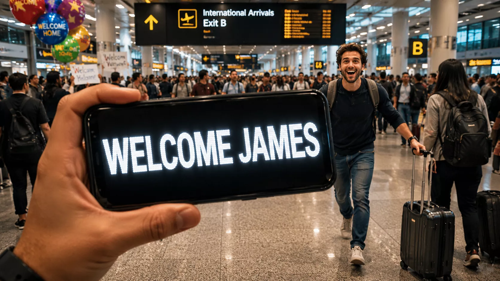 Phone showing a bright pickup sign with scrolling text in a public arrival area