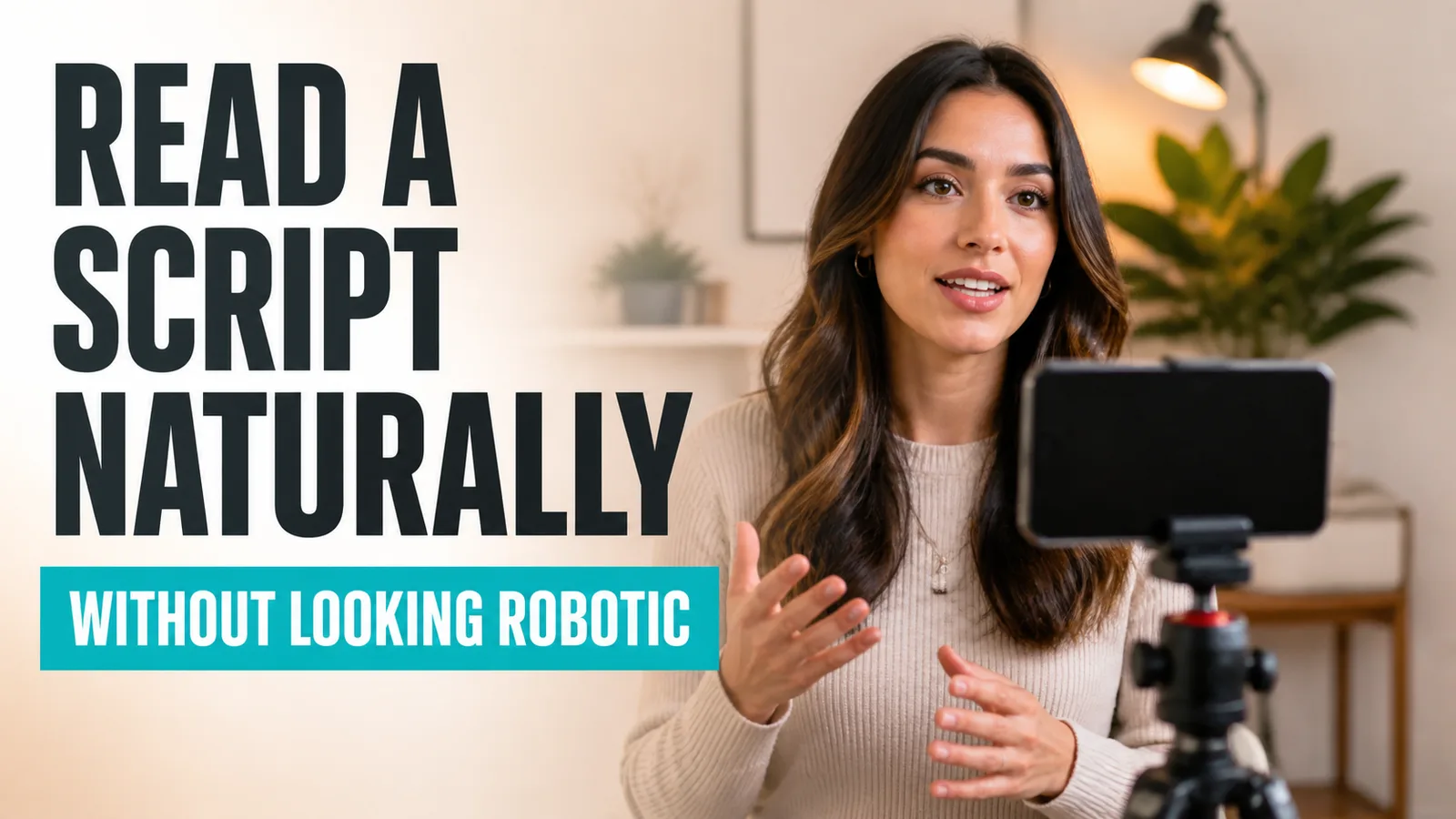 Creator reading a script naturally while recording with a phone positioned near the camera