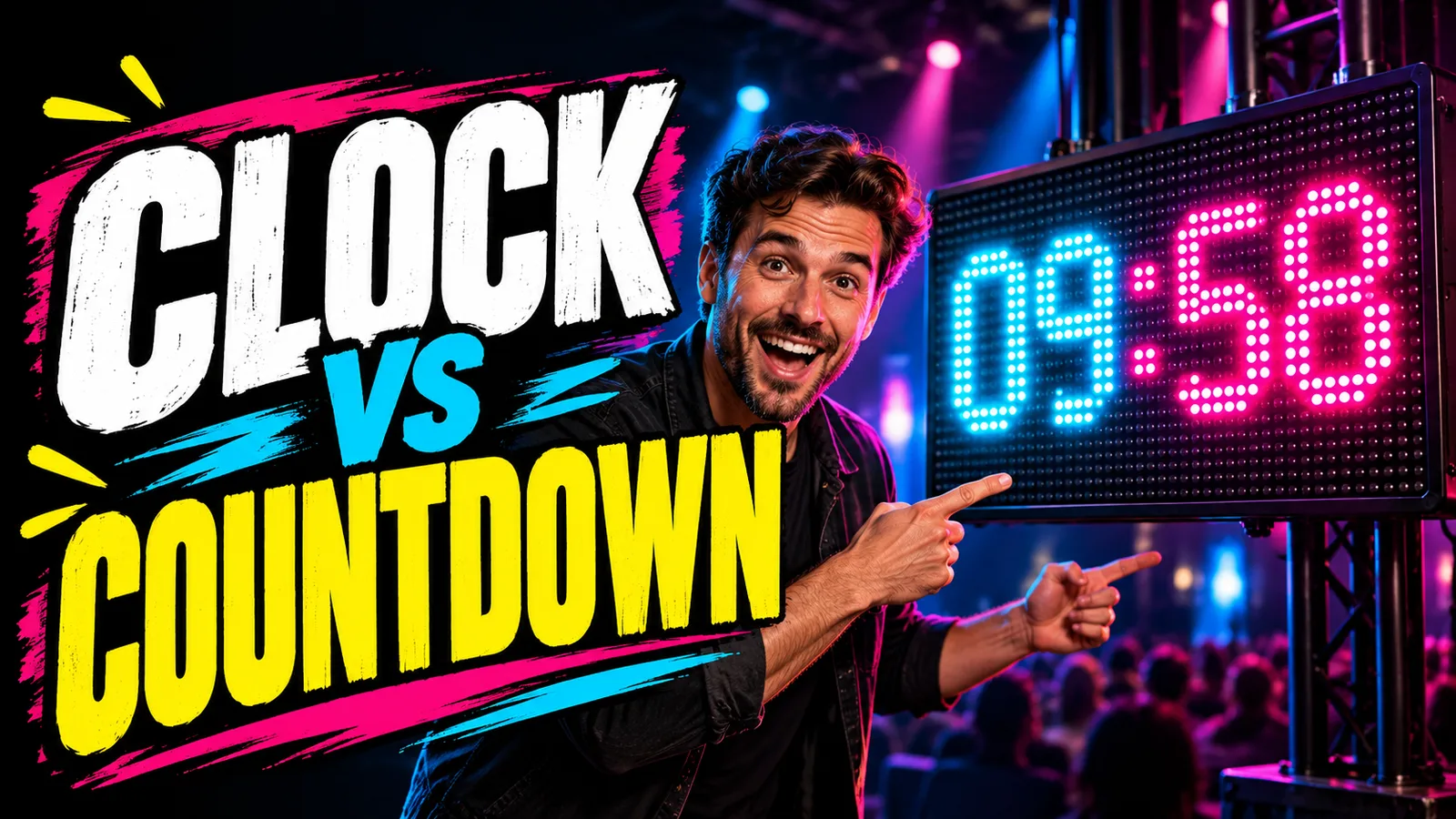 High-contrast thumbnail with a presenter pointing to an LED-style 09:58 countdown beside the words CLOCK vs COUNTDOWN