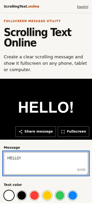 ScrollingText.online running on a mobile screen with a fullscreen message preview